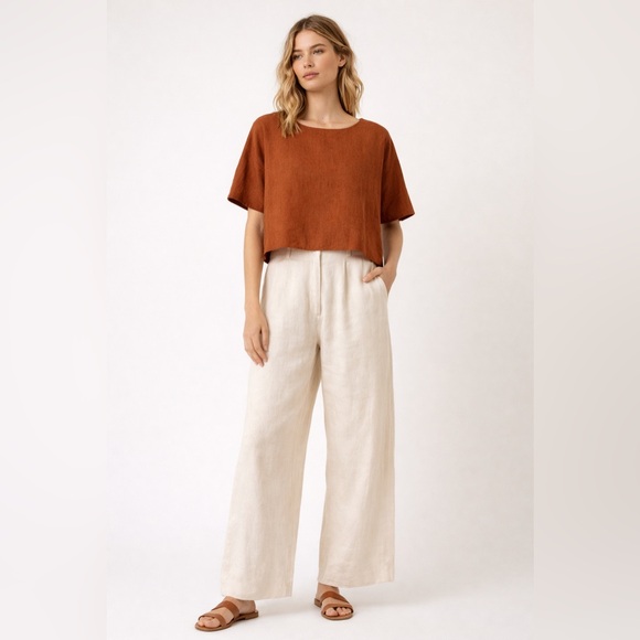 Lintico Tops - LINTICO 100% Linen Boxy Cropped Rust Terracotta Short Sleeve Blouse NWT Medium